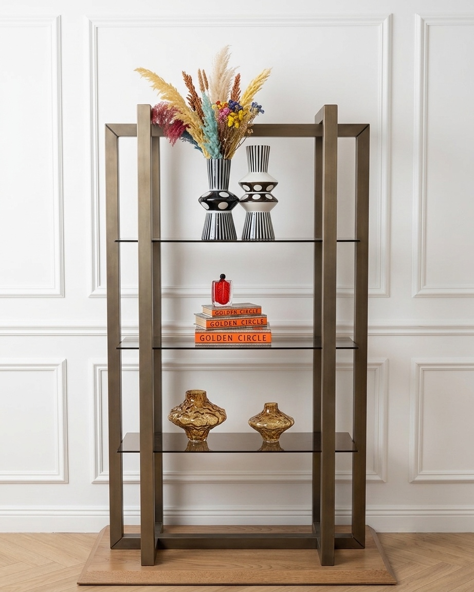 Étagère vitrine laiton à tablettes de verre