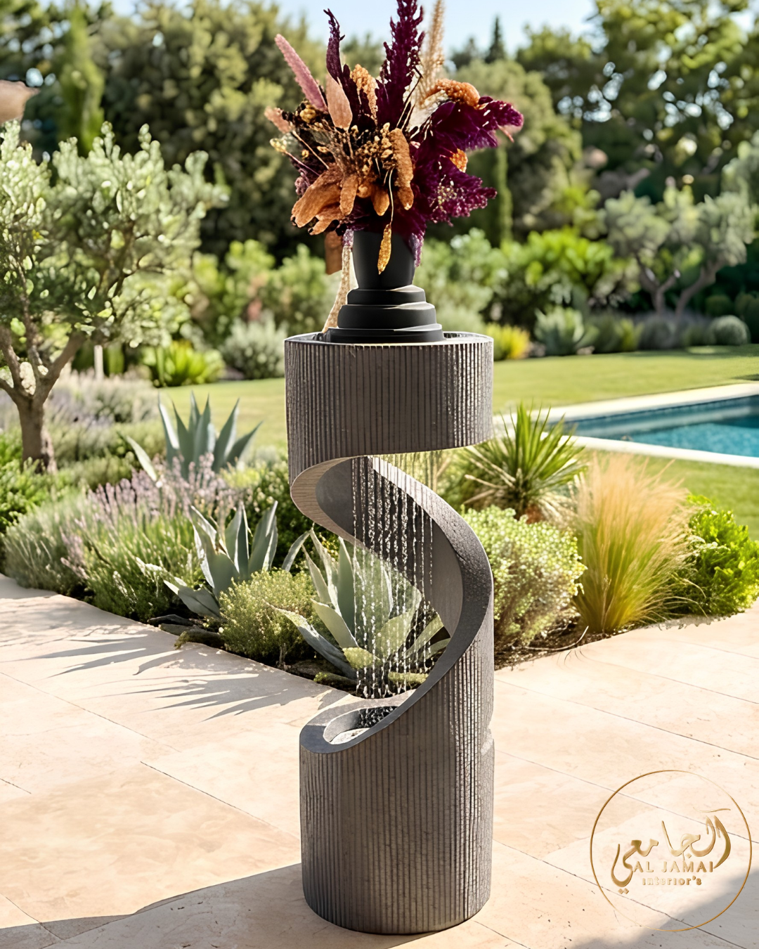 Fontaine cascade spirale fleurie
