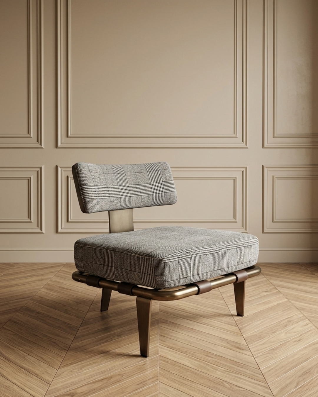 Fauteuil tissu carreaux structure bois