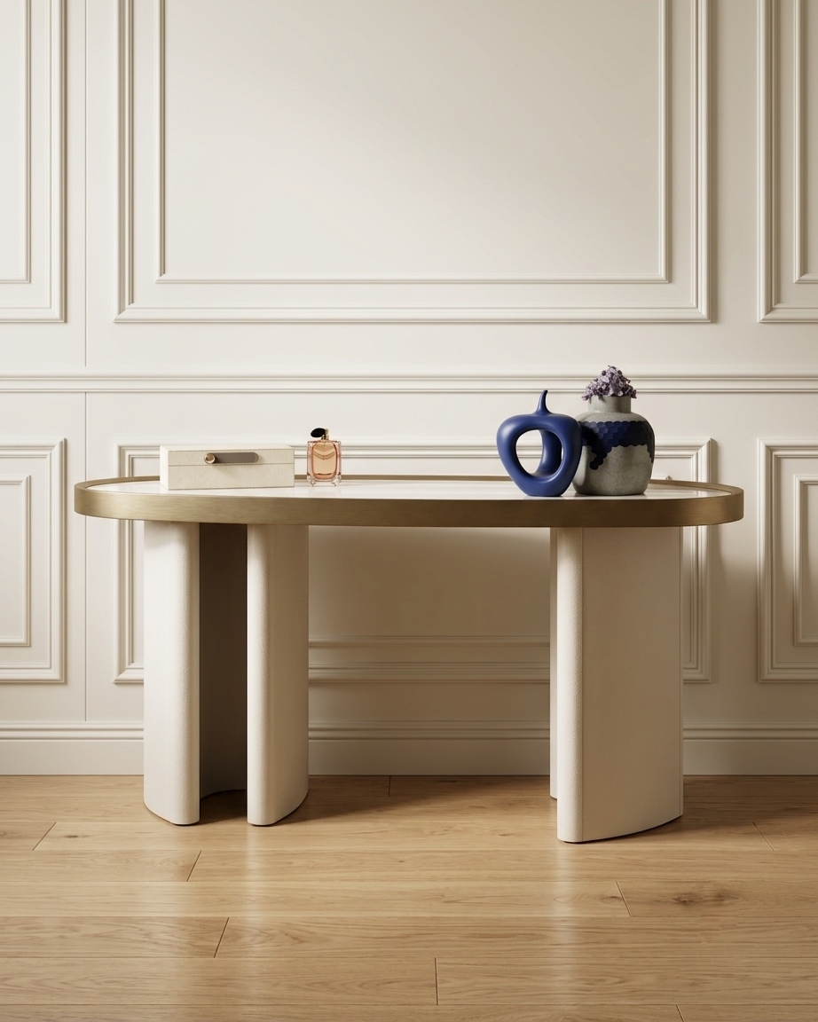 Console ovale bordure laiton pieds arqués crème