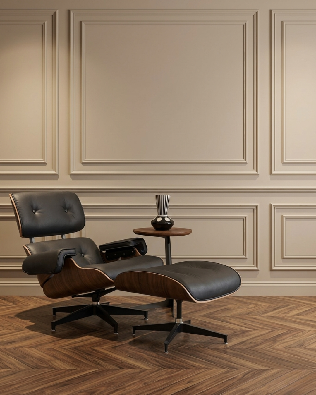 Fauteuil lounge cuir noir bois