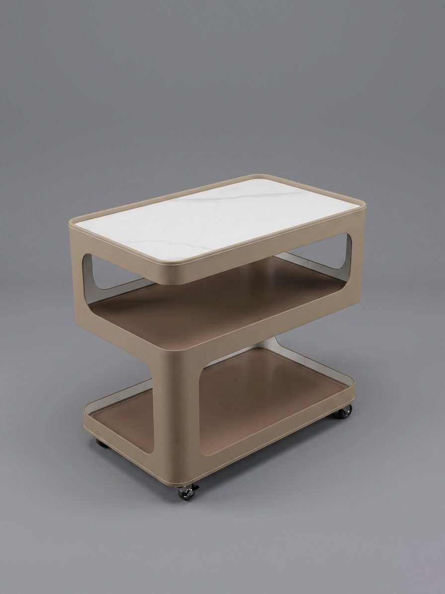 Chariot rectangulaire marbre et cuir taupe