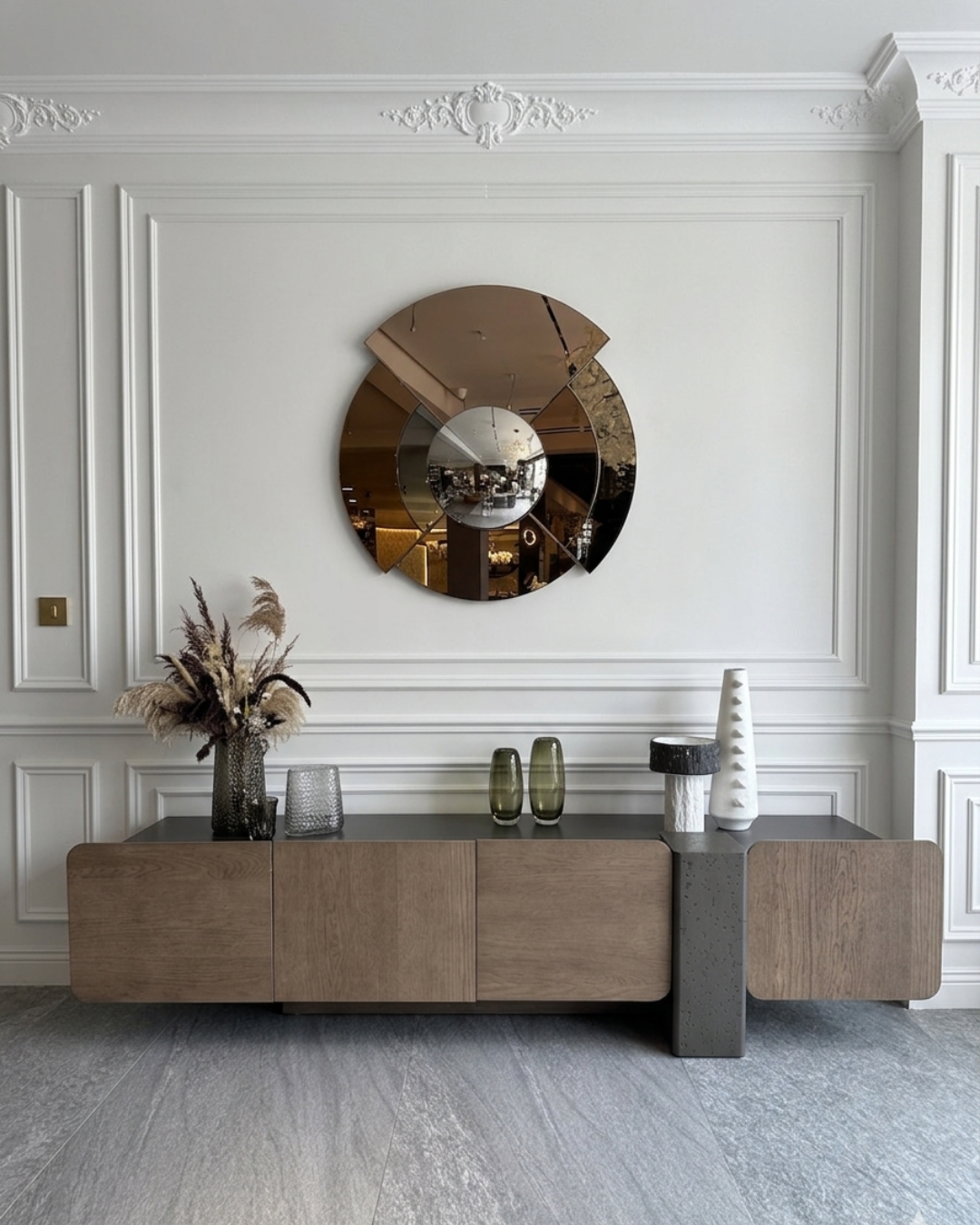 Buffet bois clair miroir rond