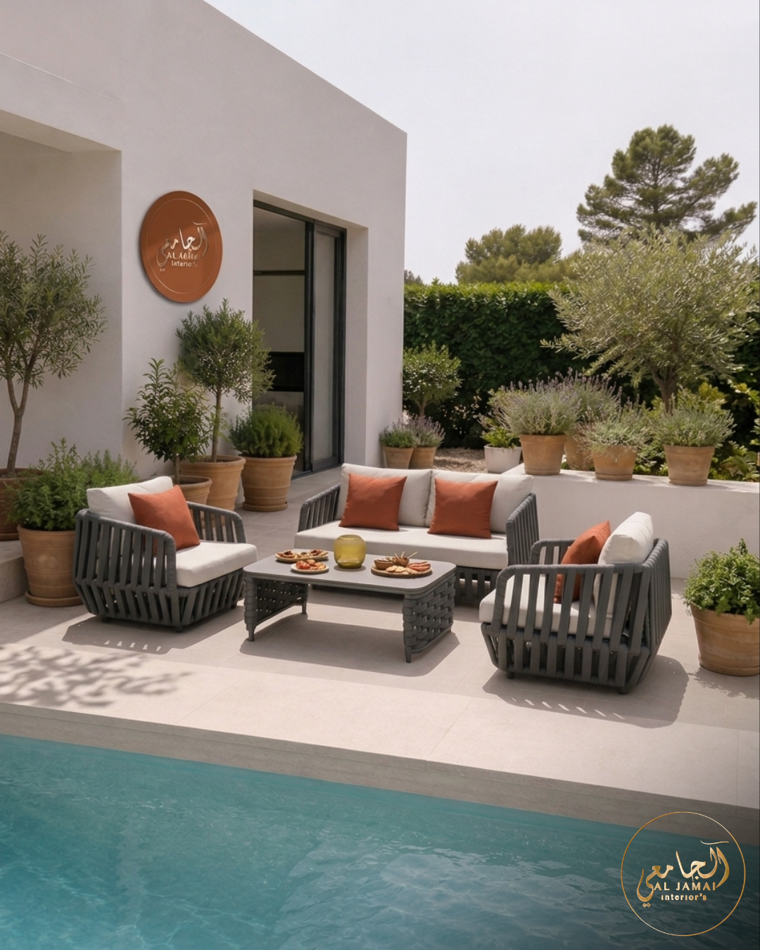 Salon extérieur gris coussins orange